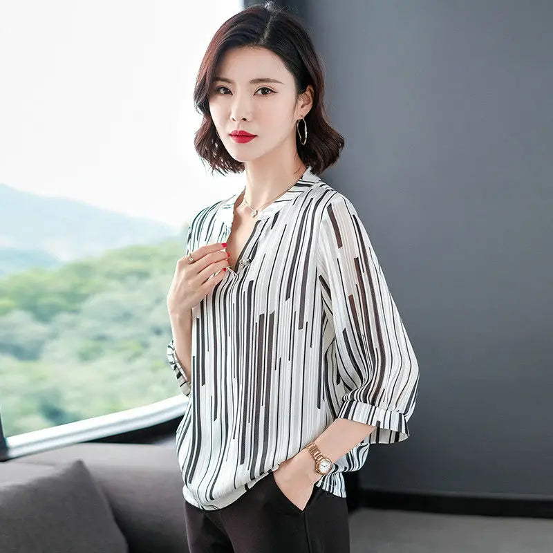 Women's Spring Summer Style Chiffon Blouses Blouses Shirt Women's Striped V-neck Three Quarter Sleeve Casual Loose Tops SP015