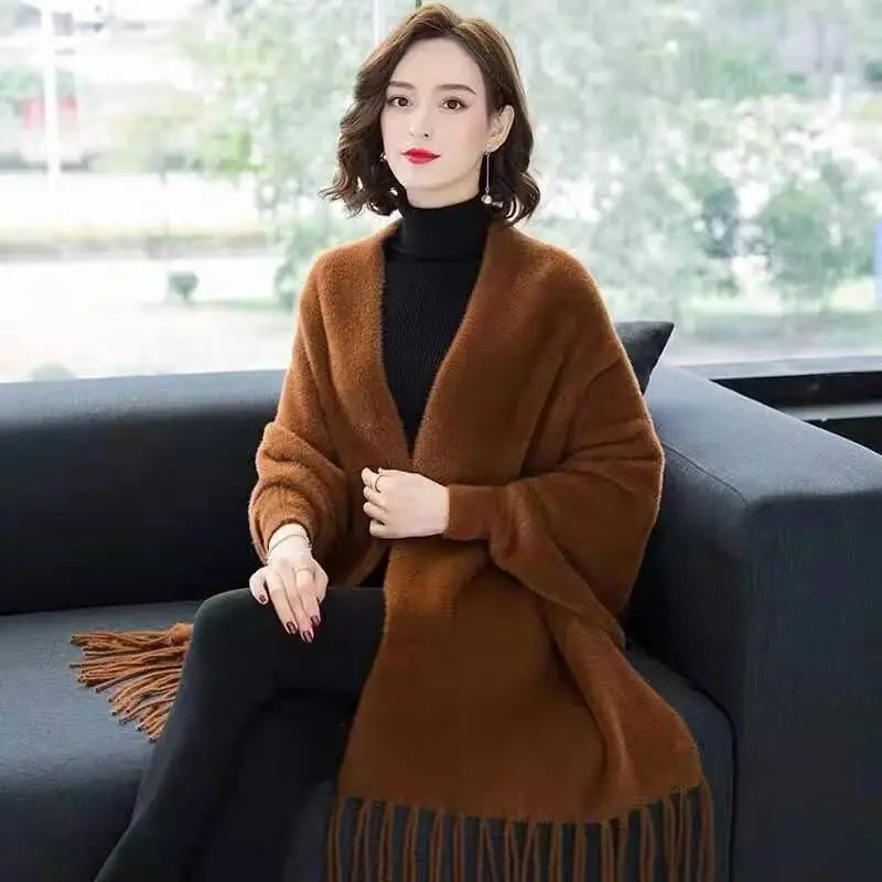 Winter Warm Long Knitted Faux Mink Velvet Thick Poncho Cape Cashmere Loose Women Batwing Sleeves Cardigan Shawl Tassel Cloak