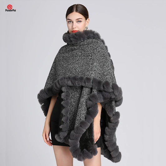 Thicken Faux Rex Rabbit Fur Cape Big Shawl Fashion Women Wraps Knit Cardigan Coat Velvet Lining Warm Cloak Fall Winter 1.1kgs