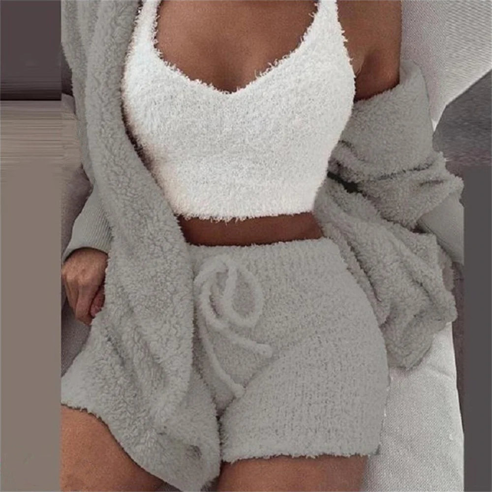 Women's Winter Plush Home Wear Casual 3-piece Pajamas Long-Sleeved Umbilical Vest Shorts Suit