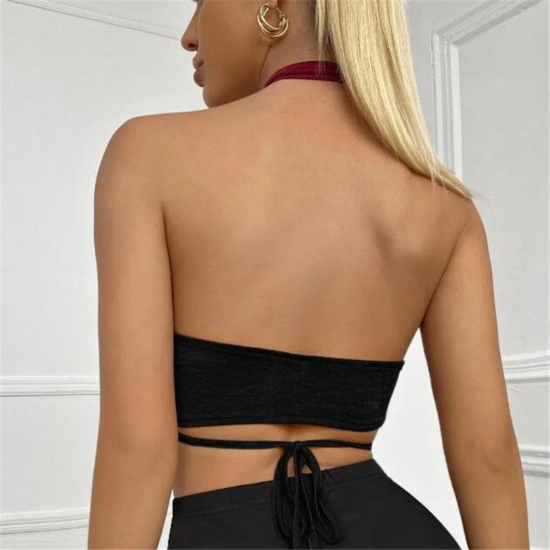 2024 Hot Sale Summer Chic Cropped Slim Streetwear Women's Bandage Halter Sexy Backless Crop Tops Black Tanks Tops Party Clubwear