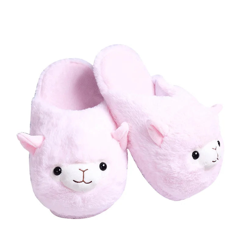 Cute Cartoon Alpaca Indoor Slippers Women Winter Home Floor Shoes Female Warm Faux Fur House Slipper Soft Sole Slides SH466