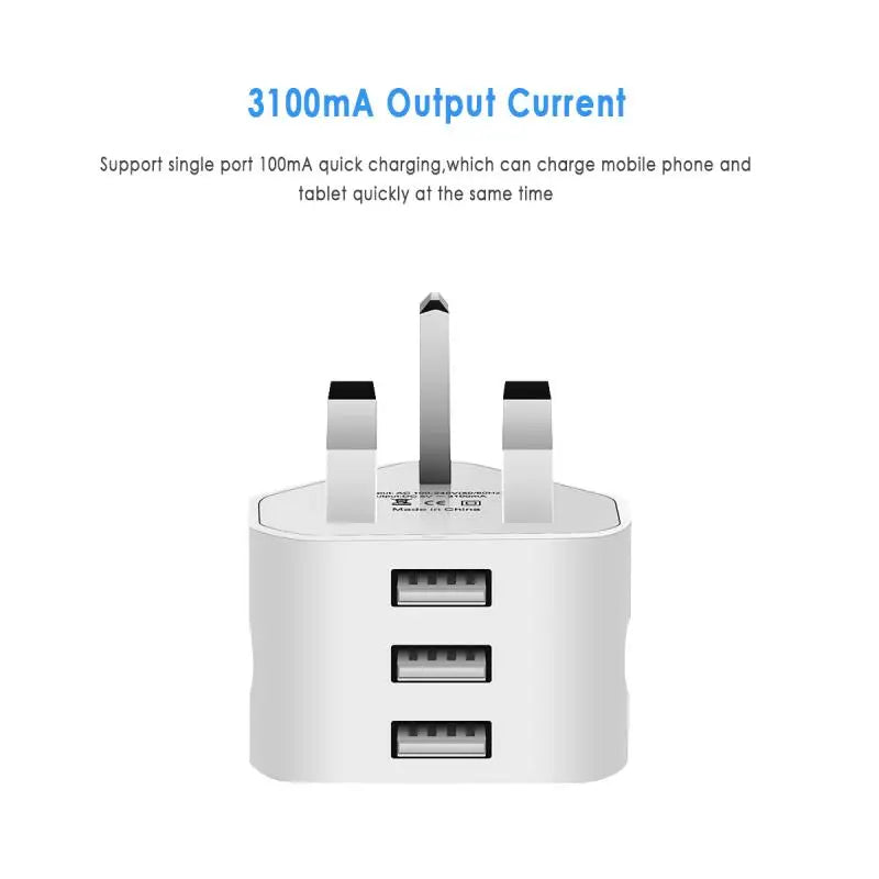 Wtyczka brytyjska 3-pinowa przejściówka do ładowarki ściennej z portami USB 1/2/3 ładująca dla iPhone'a Samsung Xiaomi ładowarka ładująca 110 V-220 V