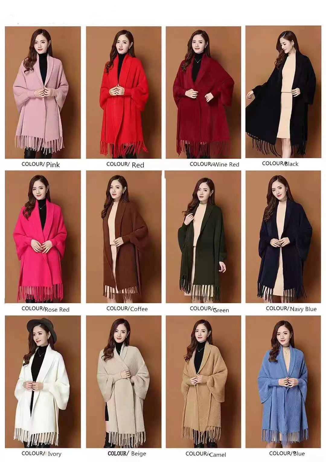 Winter Warm Long Knitted Faux Mink Velvet Thick Poncho Cape Cashmere Loose Women Batwing Sleeves Cardigan Shawl Tassel Cloak