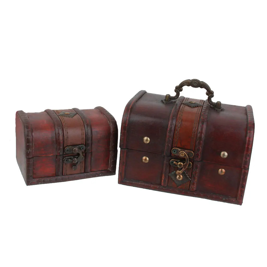 2 Pcs Small Big Set Vintage Wooden Treasure Chest Necklace Bracelet Earrings Holder Storage Box Jewelry Packaging