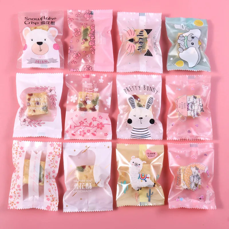 100pcs Snowflake Crispy Nougat Wrapping Bag Romantic Pink Flower Willow Branches Wreath Transparent Window Cookies Goodie Bags