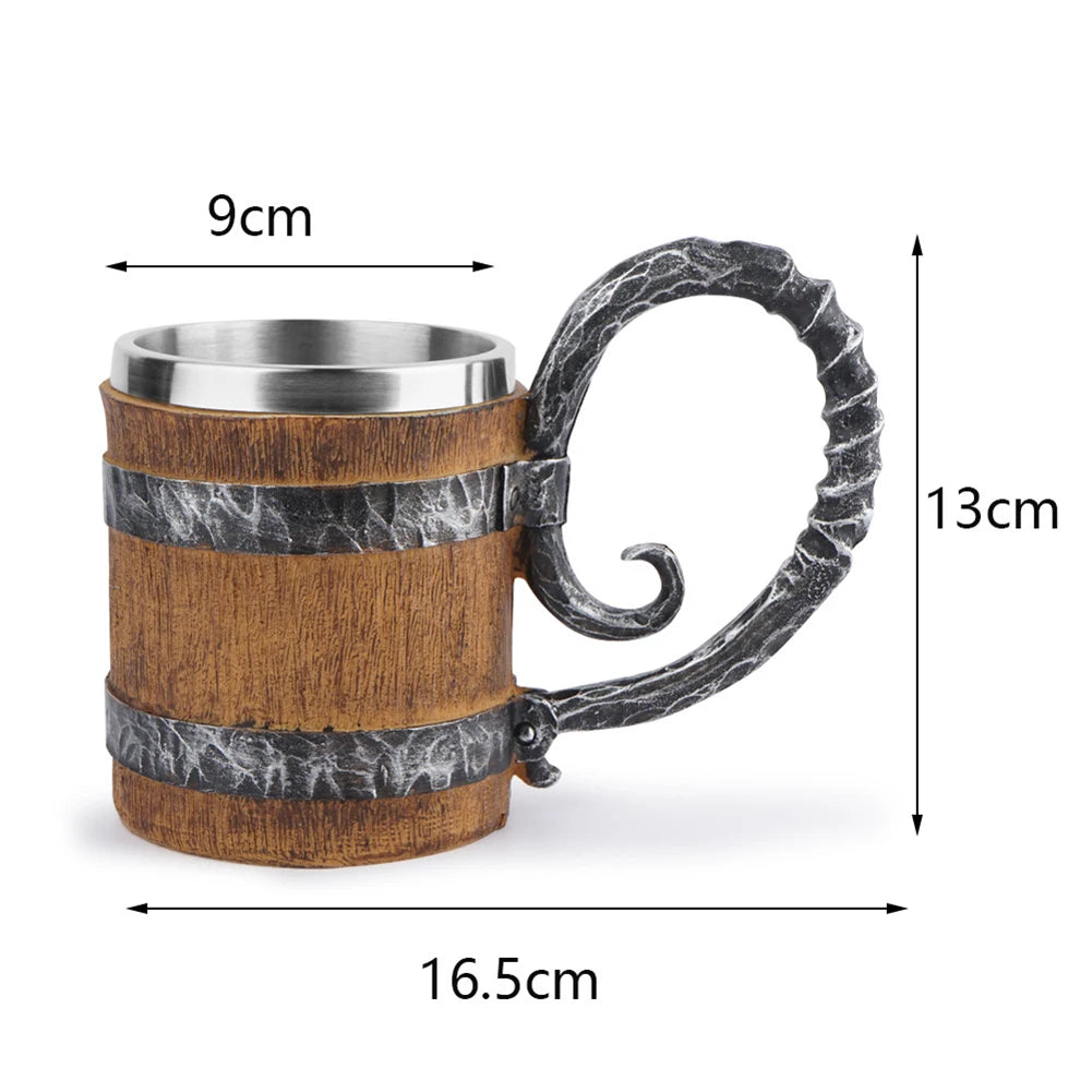 Viking Wood Style Beer Mug Simulation Wooden Barrel Beer Cup Double Wall Drinking Mug Metal Insulated 1PCS Bar Drinking Game