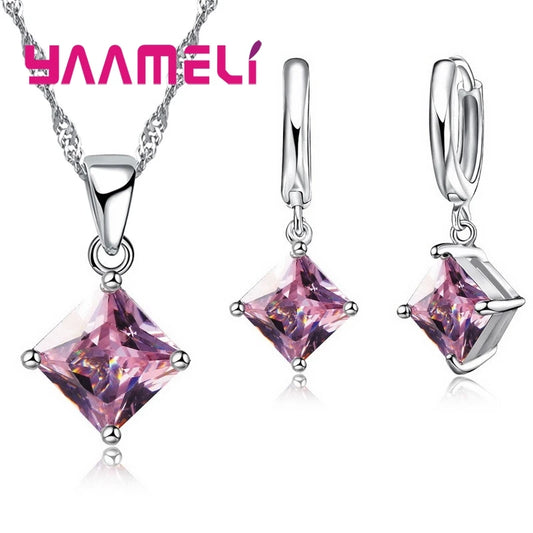 Neue Mode Frauen Anhänger Halskette Einfache Geometrie Quadrat Ohrringe Kristall 925 Sterling Silber Schmuck Sets für Hochzeit