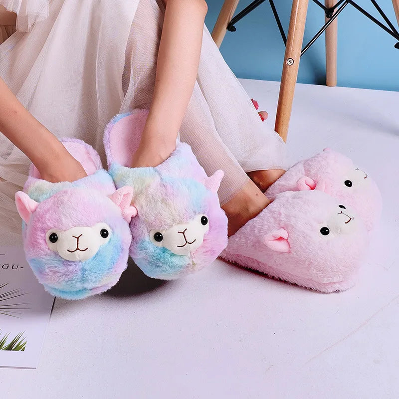 Cute Cartoon Alpaca Indoor Slippers Women Winter Home Floor Shoes Female Warm Faux Fur House Slipper Soft Sole Slides SH466