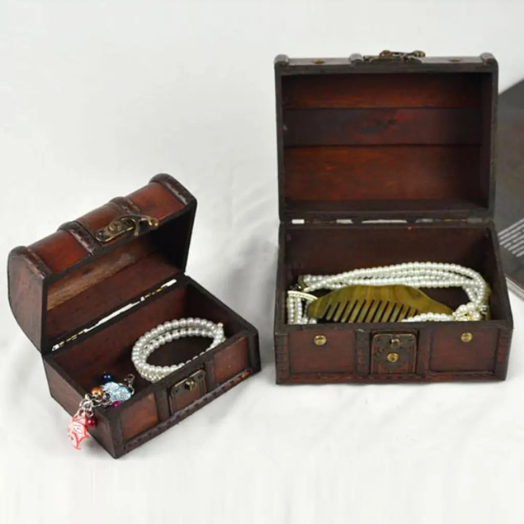 2 Pcs Small Big Set Vintage Wooden Treasure Chest Necklace Bracelet Earrings Holder Storage Box Jewelry Packaging