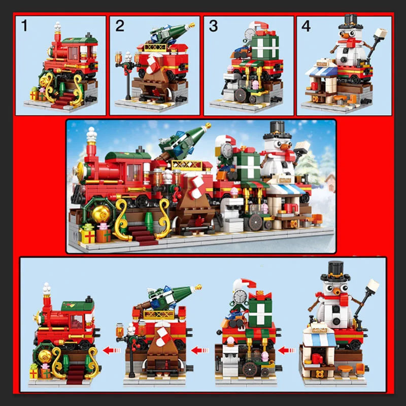 838pcs 4 IN 1 MOC Christmas Street View Building Blocks Bricks Christmas Winter Village Santa Claus Train Store Kids Toy Gift