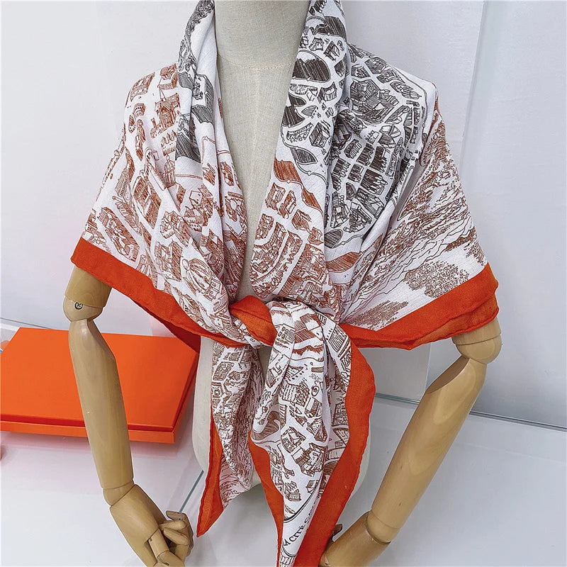 135CM Cashmere Scarf Women Manual Hand Rolled Shawls Horse Map Square Scarves Wraps Bandana Luxury Brand Hijabs Female Foulards