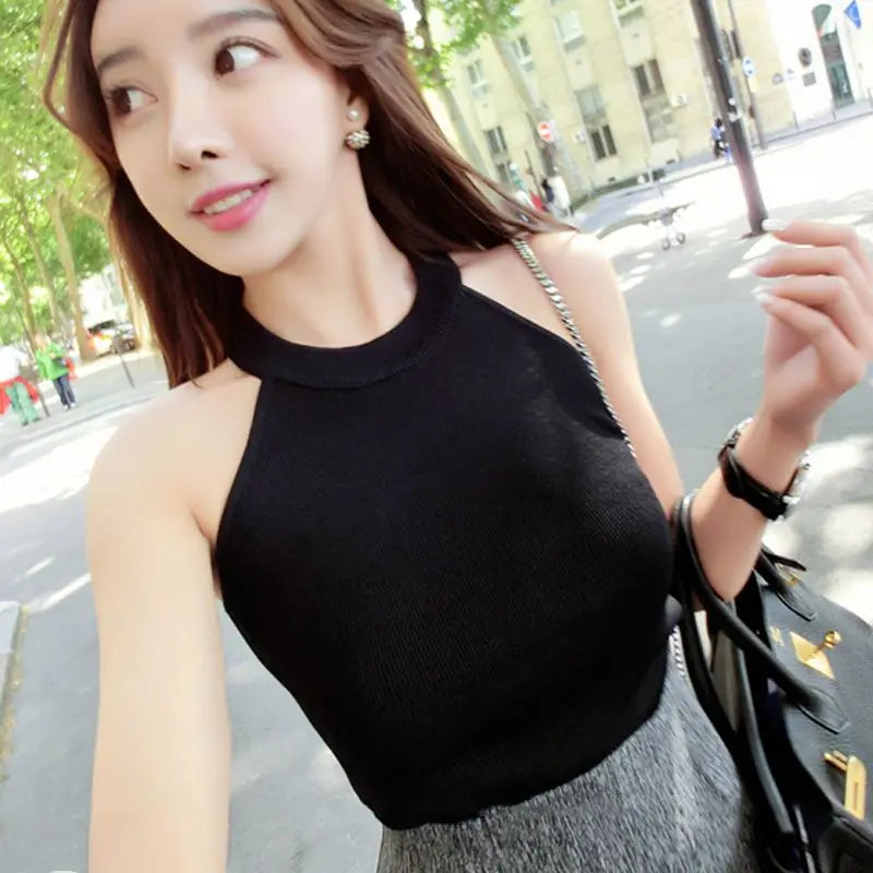 Summer Women Slim Knitting Halter Camisole Tops Female Bodycon Knitted Tanks Sleeveless Basic Solid T shirts  8017