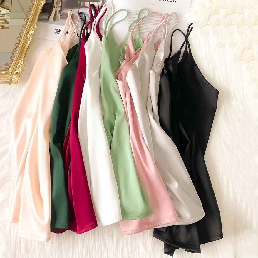 Satin Elegance Halter: Summer Silk Camisole Crop, Sexy Sleeveless Style, Slim Fit in White. 2024 Fashion.