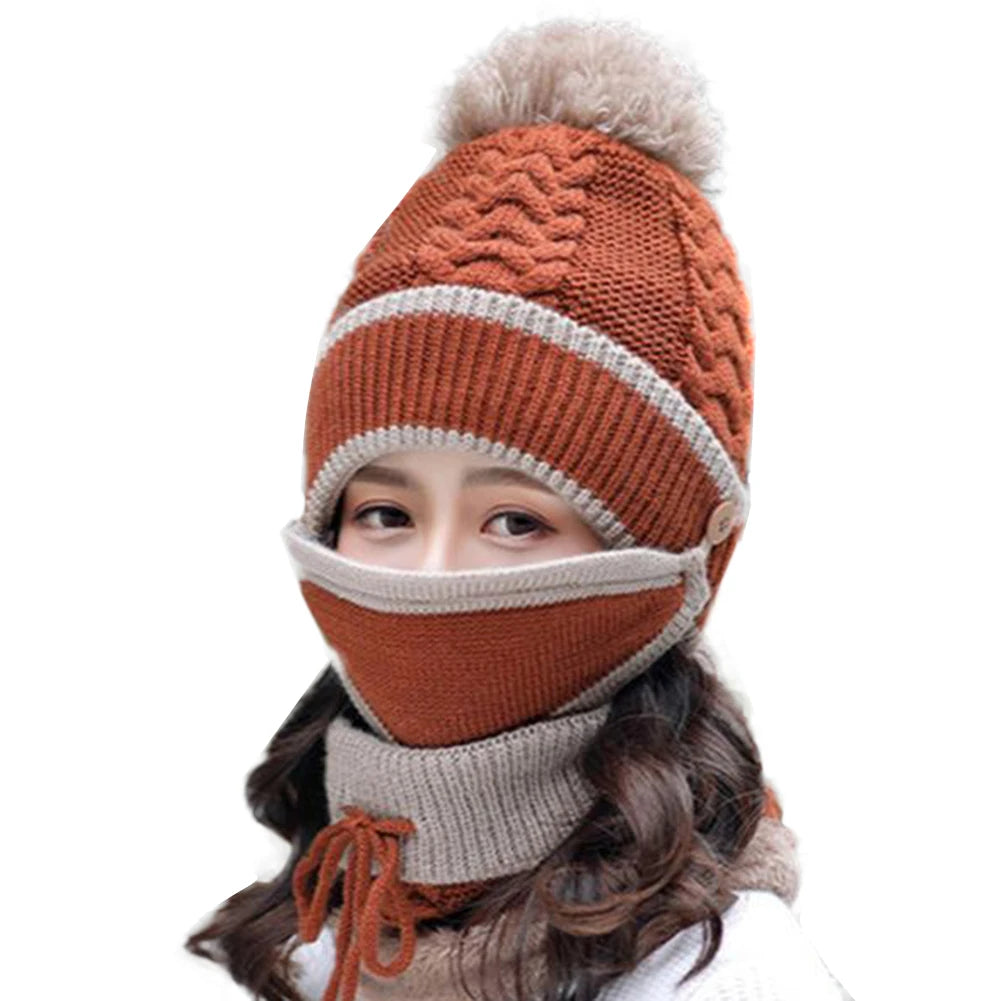 3PCS Womens Winter Scarf Hat Set Casual Ladies Outdoor Thickened Knitted Hat Scarf Cover Hat Winter Set