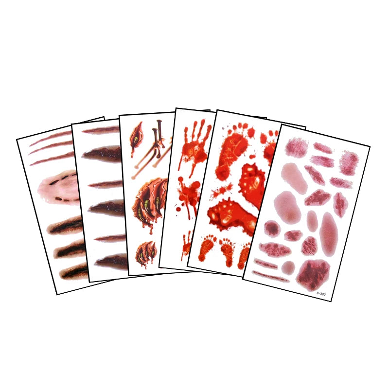 6pcs Halloween Bloody Wound Tattoo Stickers Trick Scary Waterproof Temporary Tattoo DIY Fake Tattoo Halloween Party Decoration