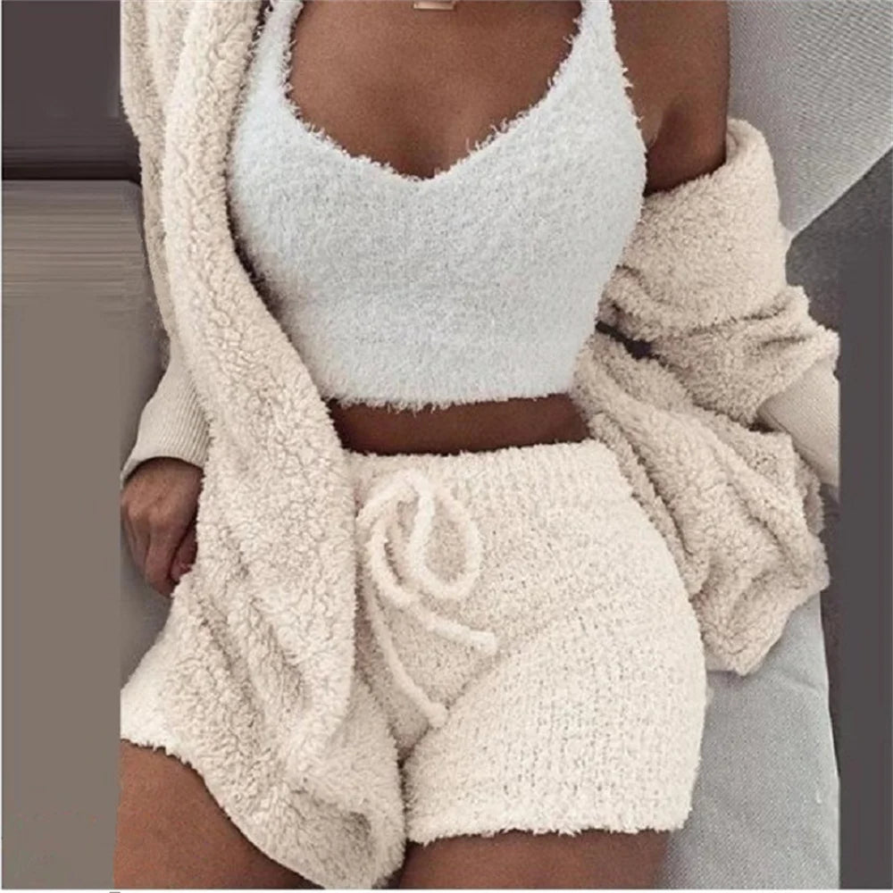 Women's Winter Plush Home Wear Casual 3-piece Pajamas Long-Sleeved Umbilical Vest Shorts Suit