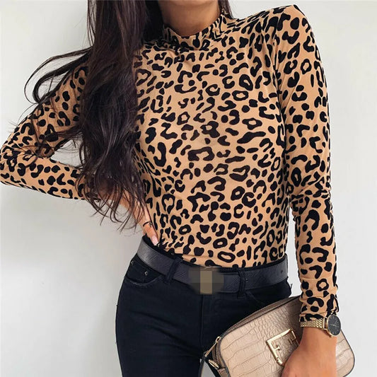 Women T shirts Fashion Leopard Print Turtle Neck Tops Autumn Long Sleeve Shirts Party Ladies Clothes Womens Tee And Tops