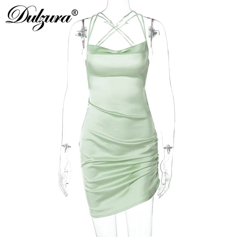 "Dulzura Satin" Strap Mini Dress: Ruched Lace-Up, Backless Bodycon Elegance.