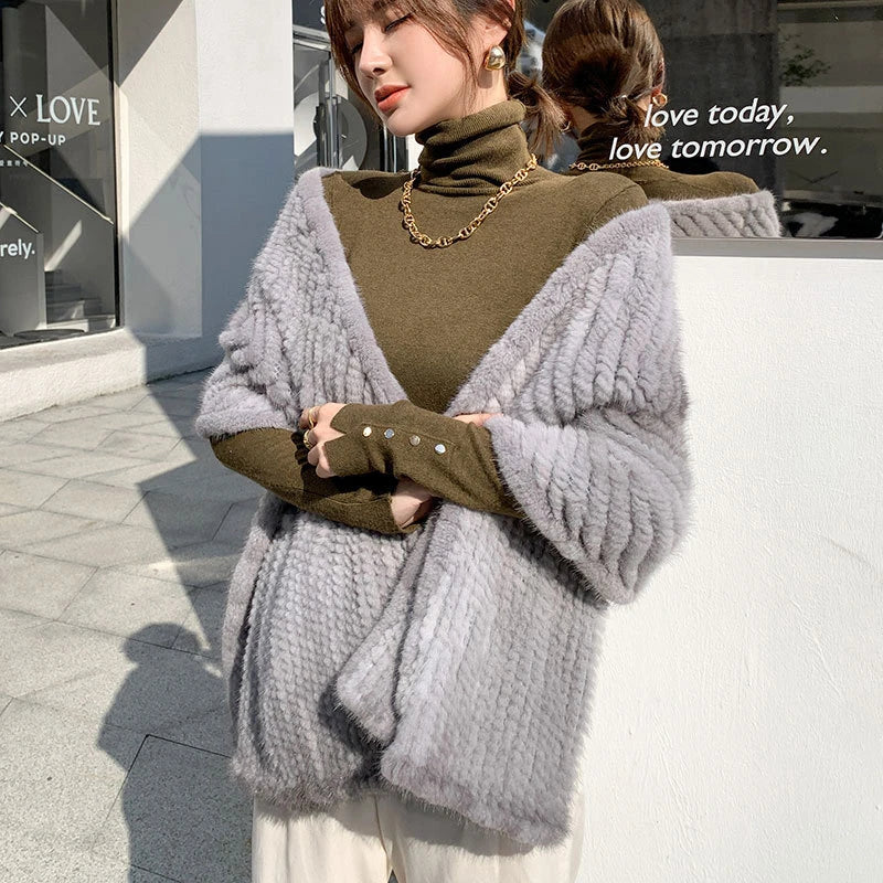 2020 Women Knitted Mink Fur Shawl 100% Real Fur Capes Sapphire Grey Lady Winter Imported Mink Fur Scarf NeckWear Wraps Mufflers