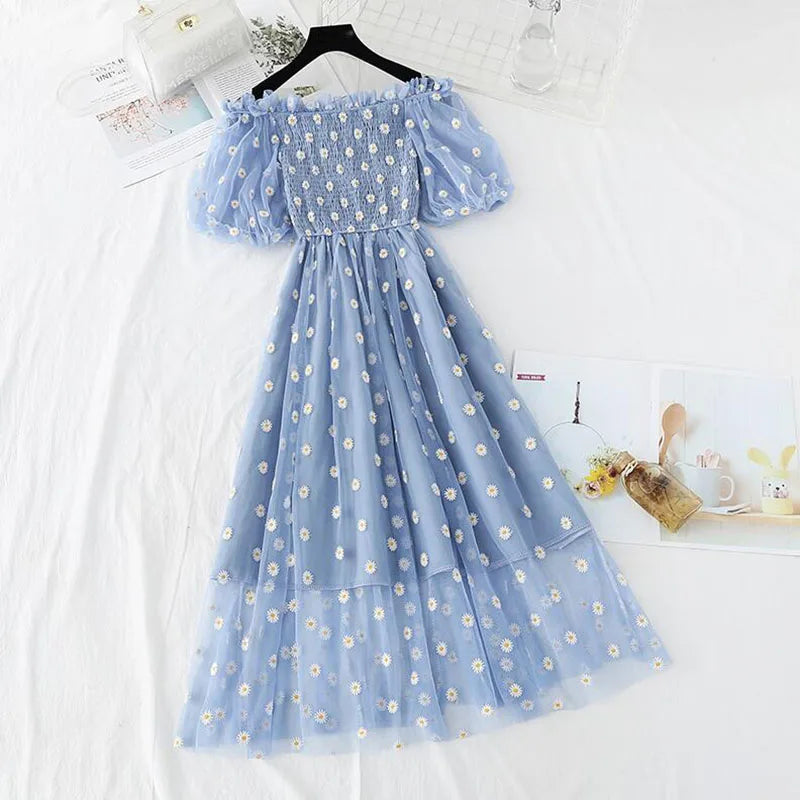 small daisies embroidery mesh dresses women 2022 sexy off the shoulder french vintage party ruffle dresses elegant vestidos