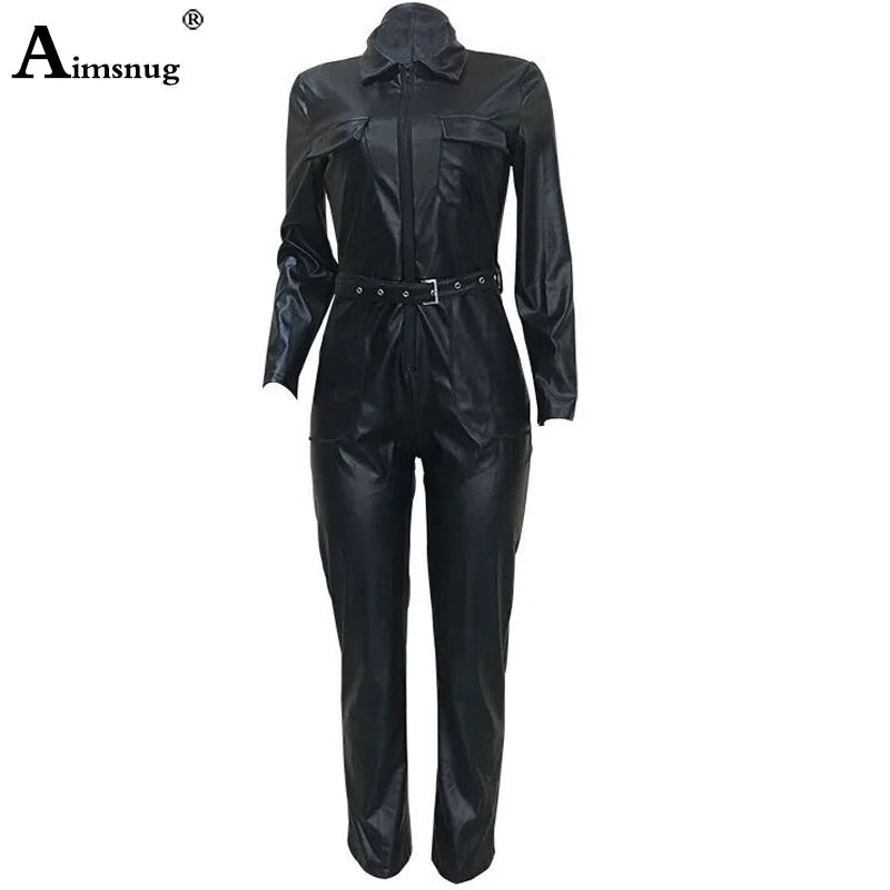 Damenmode High Waist PU Leder Jumpsuits Schnürung Skinny Bodysuits Mädchen Reißverschluss Kunstleder Frühling Winter Sexy Overalls