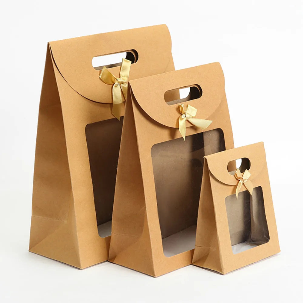 20/16cm Kraft Paper Portable Gift Bag PVC Clear Window Packaging Bags for Small Business Birthday Christmas Gift Wrapping