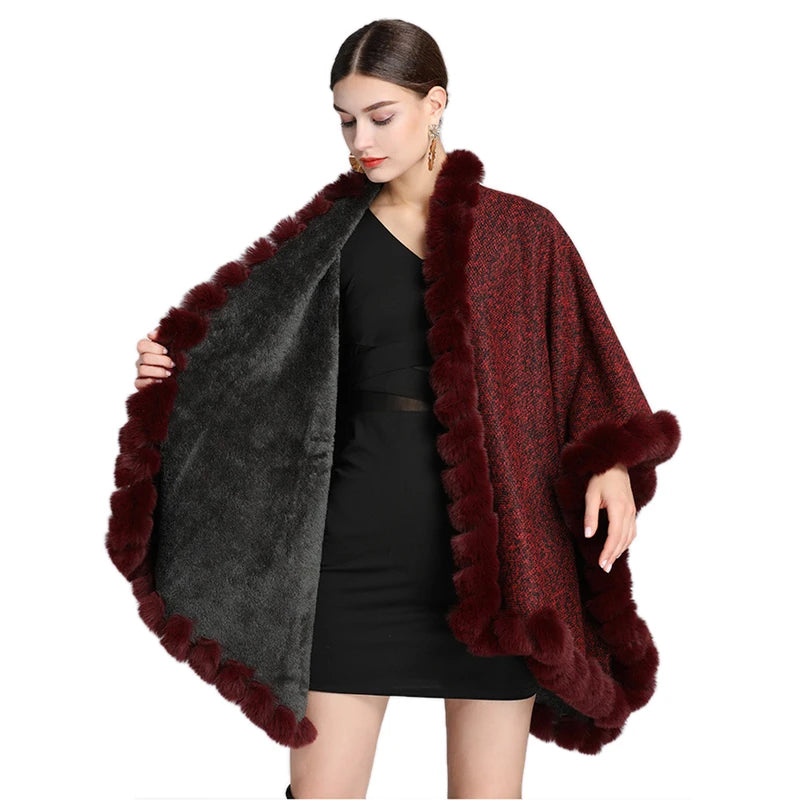 Thicken Faux Rex Rabbit Fur Cape Big Shawl Fashion Women Wraps Knit Cardigan Coat Velvet Lining Warm Cloak Fall Winter 1.1kgs