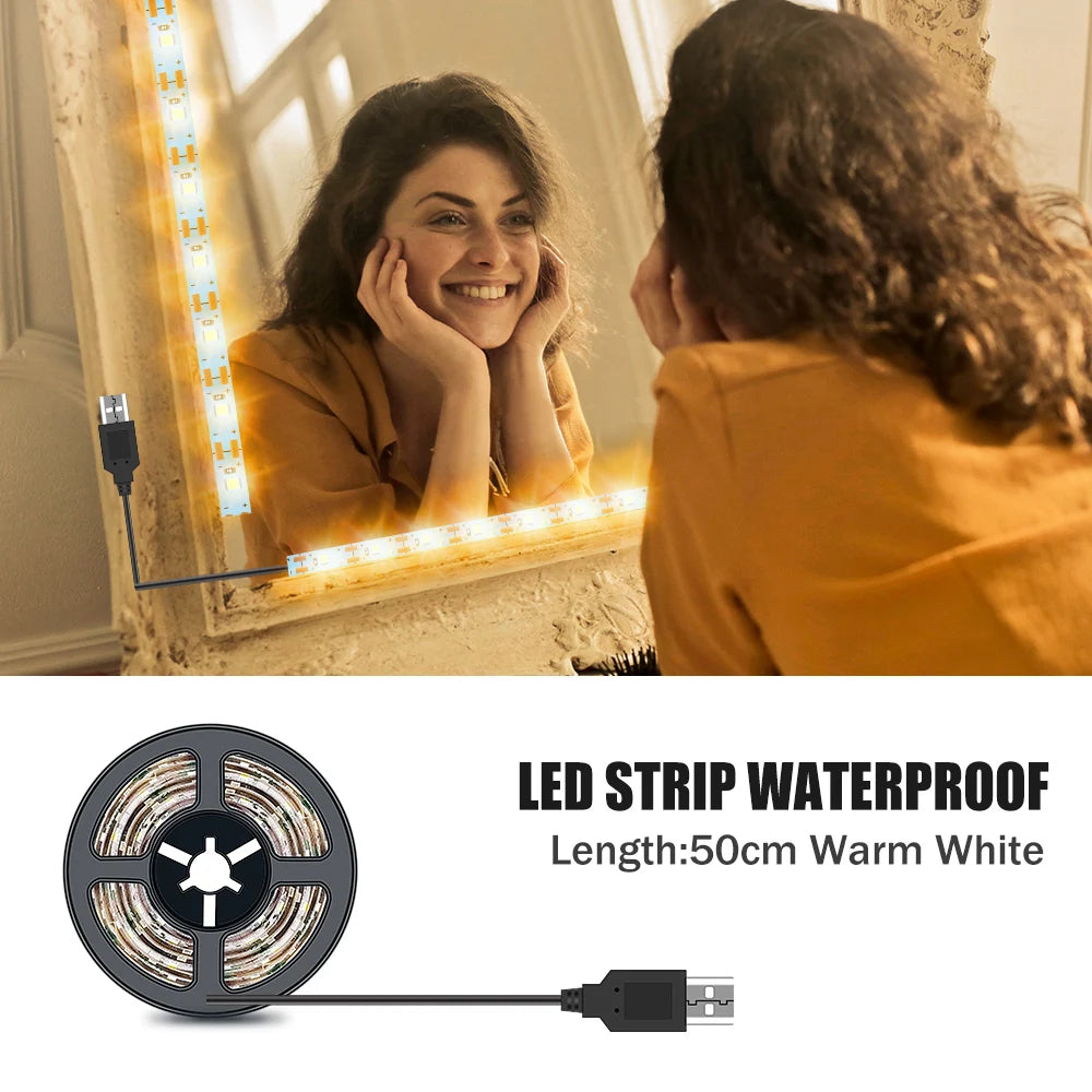 LED Make up Mirror Light Strip USB Hollywood Vanity Mirror Lamp Tape Bathroom Dressing Table Lighting Dimmable LED Wall LampTape