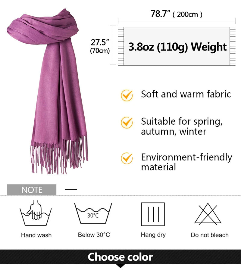 Women Solid Scarf Cashmere Feeling Pashmina Shawls Tassel Hijab Head Wraps Femme Thin Spring Winter Scarves Foulard Bufanda 2022