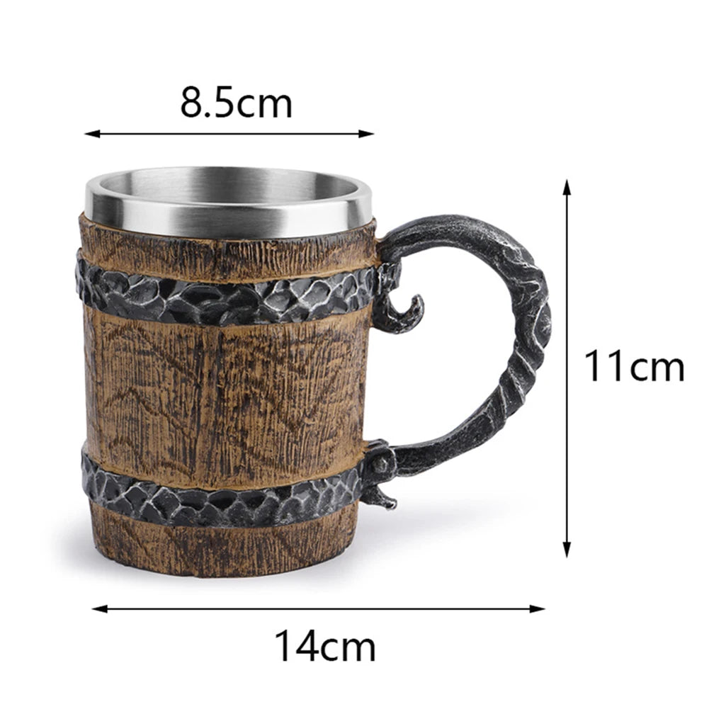 Viking Wood Style Beer Mug Simulation Wooden Barrel Beer Cup Double Wall Drinking Mug Metal Insulated 1PCS Bar Drinking Game