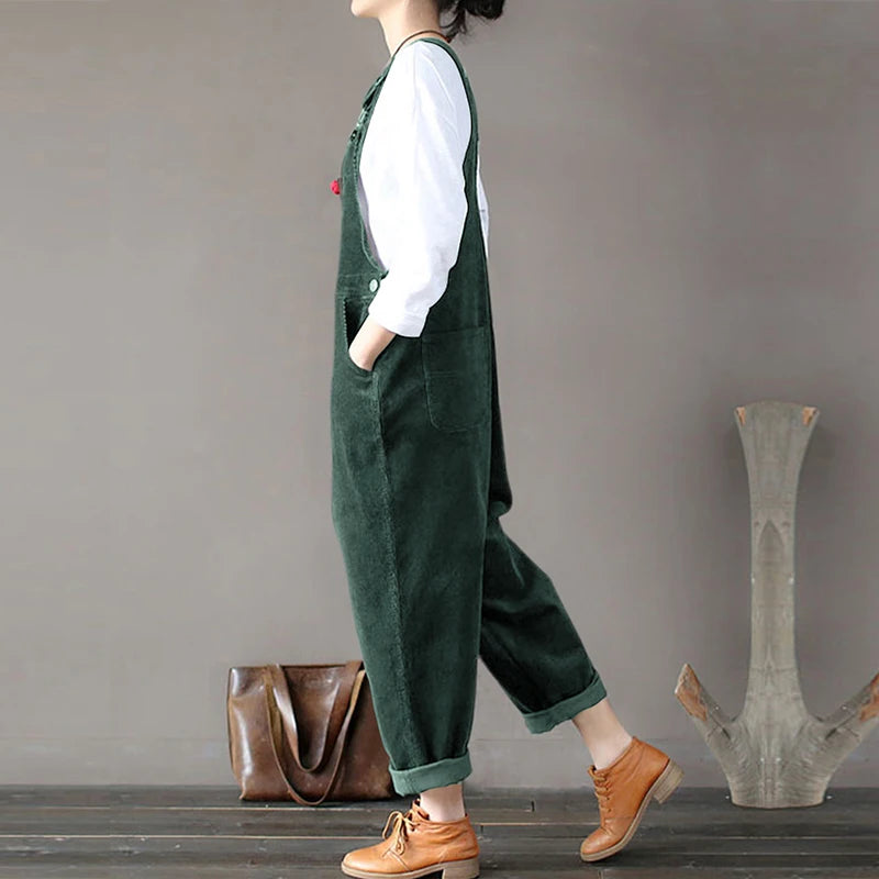 Kaftan Corduroy Overalls Women's Jumpsuits Casual Long Pants Female Button Rompers