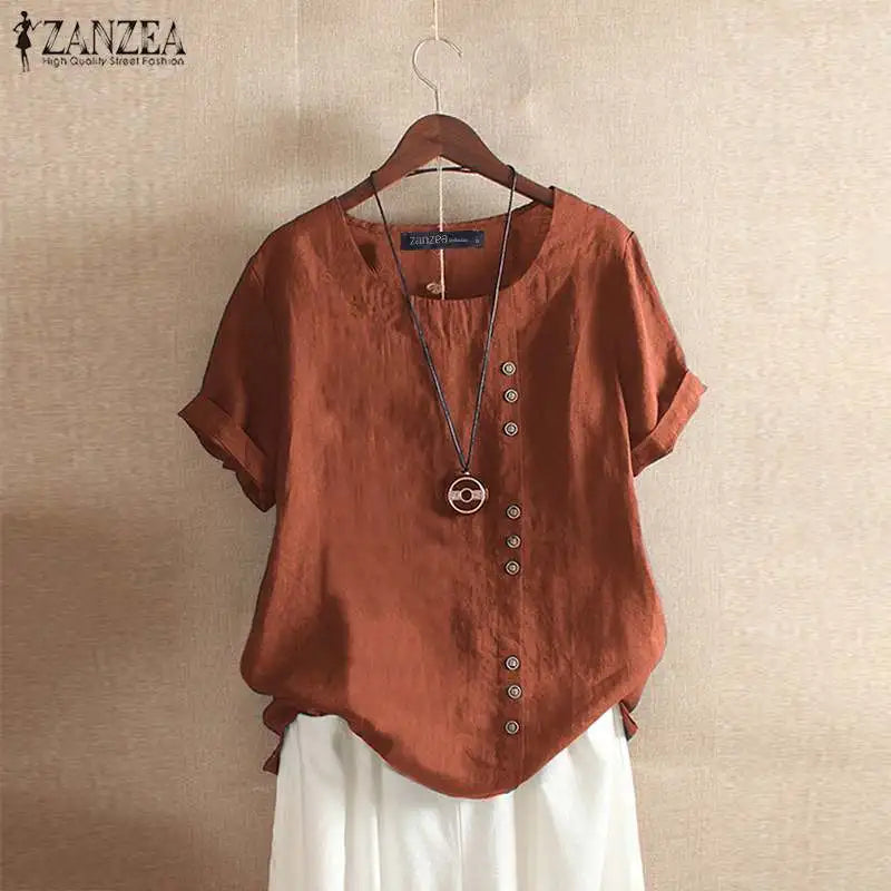 Elegant Cotton Tops Women's Summer Blouse 2023 ZANZEA Casual Long Sleeve Shirts Female O Neck Button Blusas  Tunic