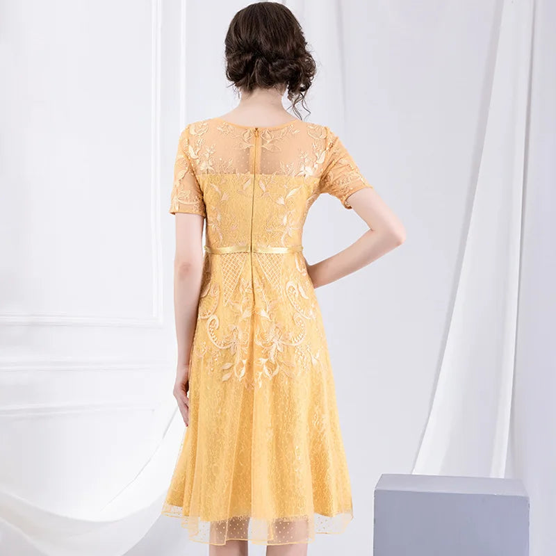 Early Autumn Slim Mesh Yarn Dress: Embroidered Beaded A-Line Silhouette.