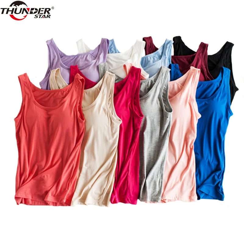 Ultimate Comfort: Women's Built-In Bra Padded Tank Top - Modal Fabric, Breathable Fitness Camisole with Push-Up Support