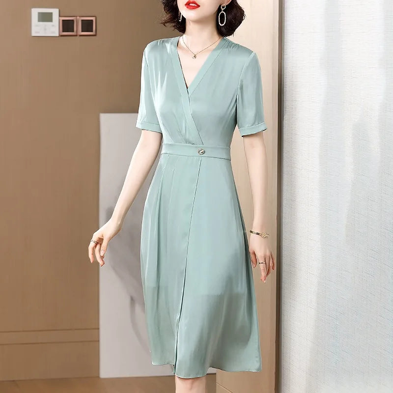 Pure mulberry silk dress, Knee-Length V neck short sleeve Dresses For Women new summer 2024