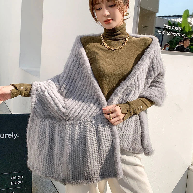 2020 Women Knitted Mink Fur Shawl 100% Real Fur Capes Sapphire Grey Lady Winter Imported Mink Fur Scarf NeckWear Wraps Mufflers