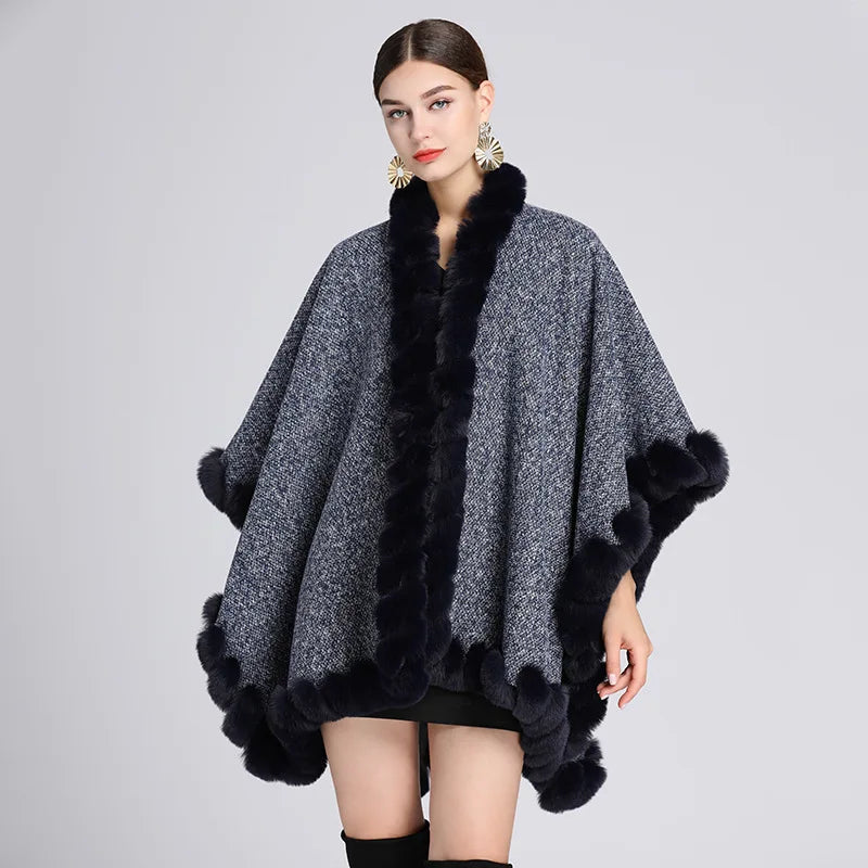 Thicken Faux Rex Rabbit Fur Cape Big Shawl Fashion Women Wraps Knit Cardigan Coat Velvet Lining Warm Cloak Fall Winter 1.1kgs