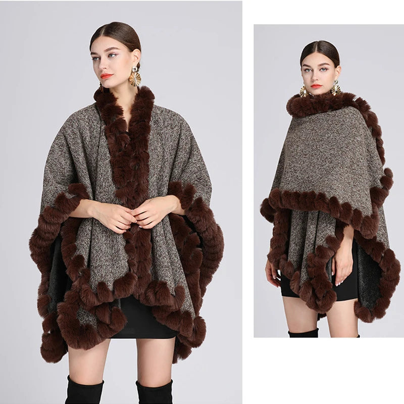 Thicken Faux Rex Rabbit Fur Cape Big Shawl Fashion Women Wraps Knit Cardigan Coat Velvet Lining Warm Cloak Fall Winter 1.1kgs