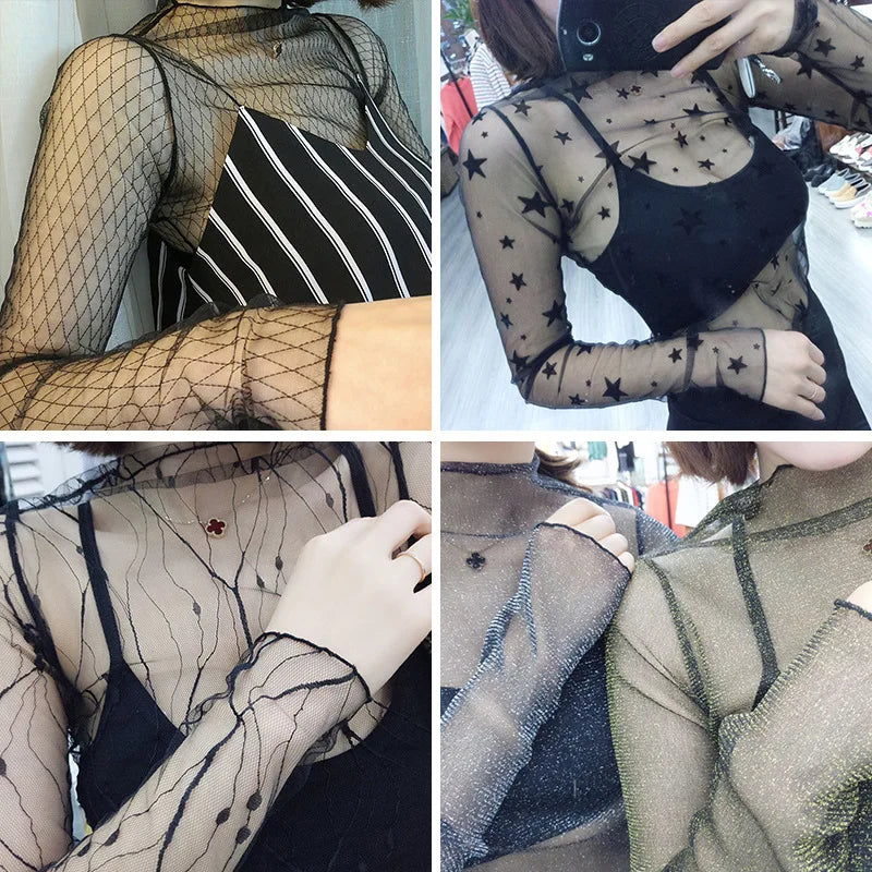 Sexy Mesh Transparent Blouses Tops Clothing Unlined Upper Garment Long Sleeve  Net Build Korean Fashion Jacket ds50