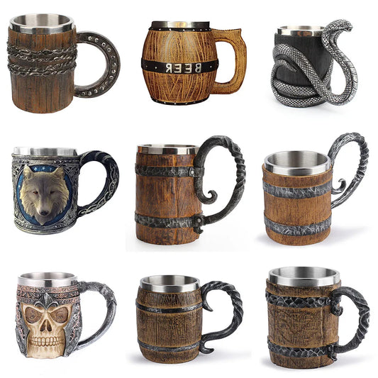 Viking Wood Style Beer Mug Simulation Wooden Barrel Beer Cup Double Wall Drinking Mug Metal Insulated 1PCS Bar Drinking Game