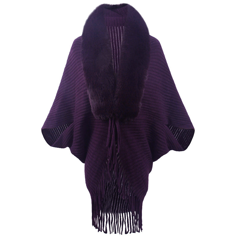 Women's Fur Collar Tassel Shawl Knitted