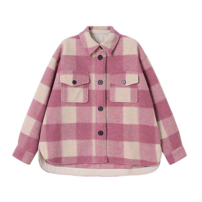 Plaid Perfection: Wool plaid short coat with a shirt collar, offering loose comfort for both men and women.