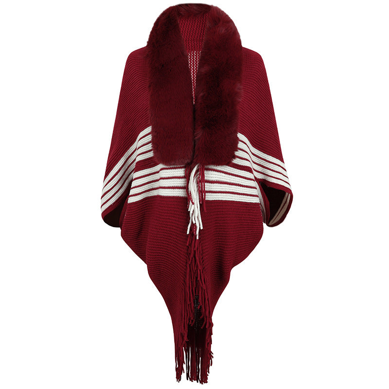 Tassel Cape And Shawl Women's Striped Fur Collar Scarf