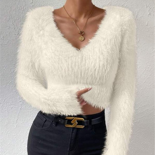 Autumn And Winter New Solid Color And V-neck Slim Fit All-match Plush Short Women's Sweater