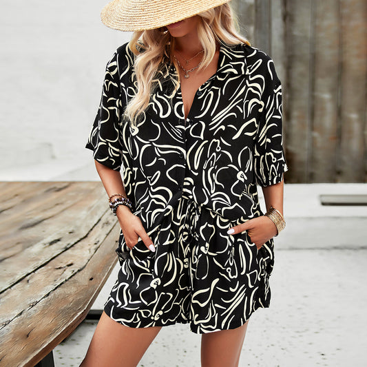 Tropical Lady: Women's Printed Shirt Plus Shorts Suit Ensemble