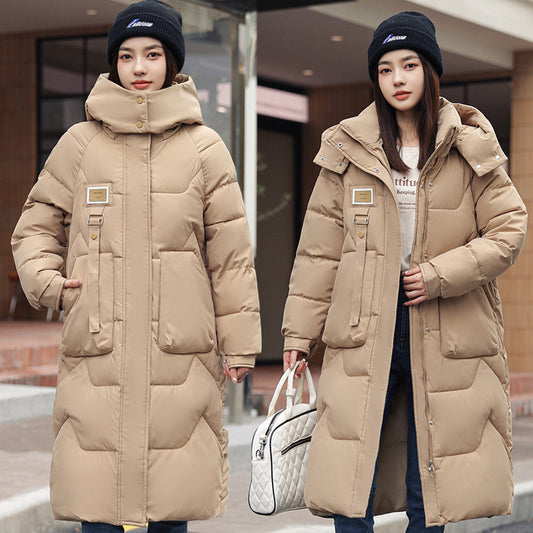 Versatile Comfort: Women's mid-length coat with a detachable hat, thickened for extra warmth.