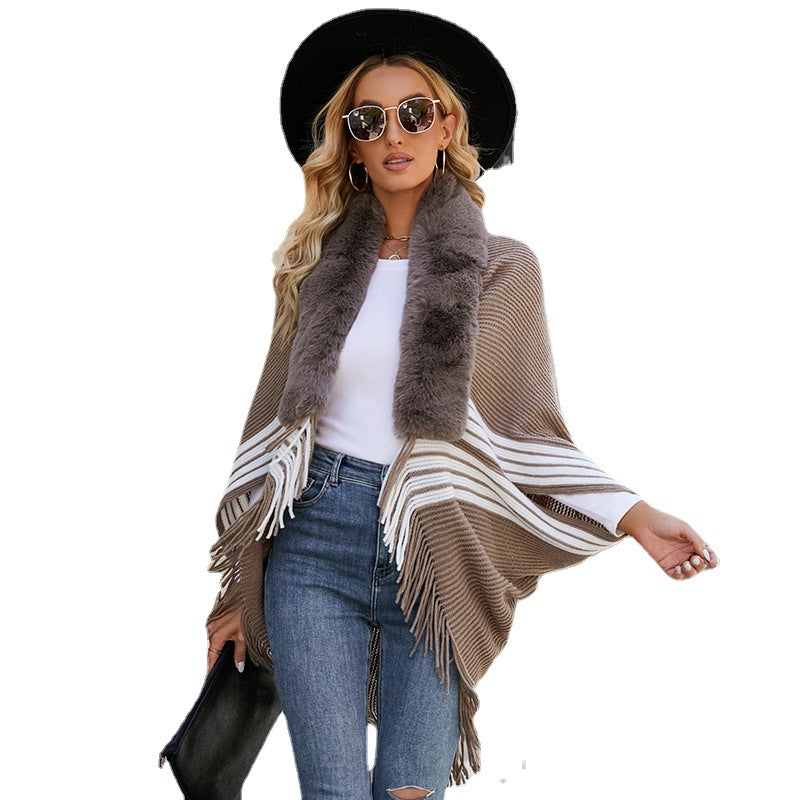 Tassel Cape And Shawl Women's Striped Fur Collar Scarf