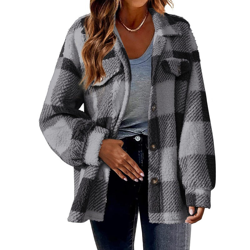 Umlegekragen Karierte Jacke mit Taschen Einreihige Button-Down-Wolljacke Herbst- und Winterkleidung für Damen