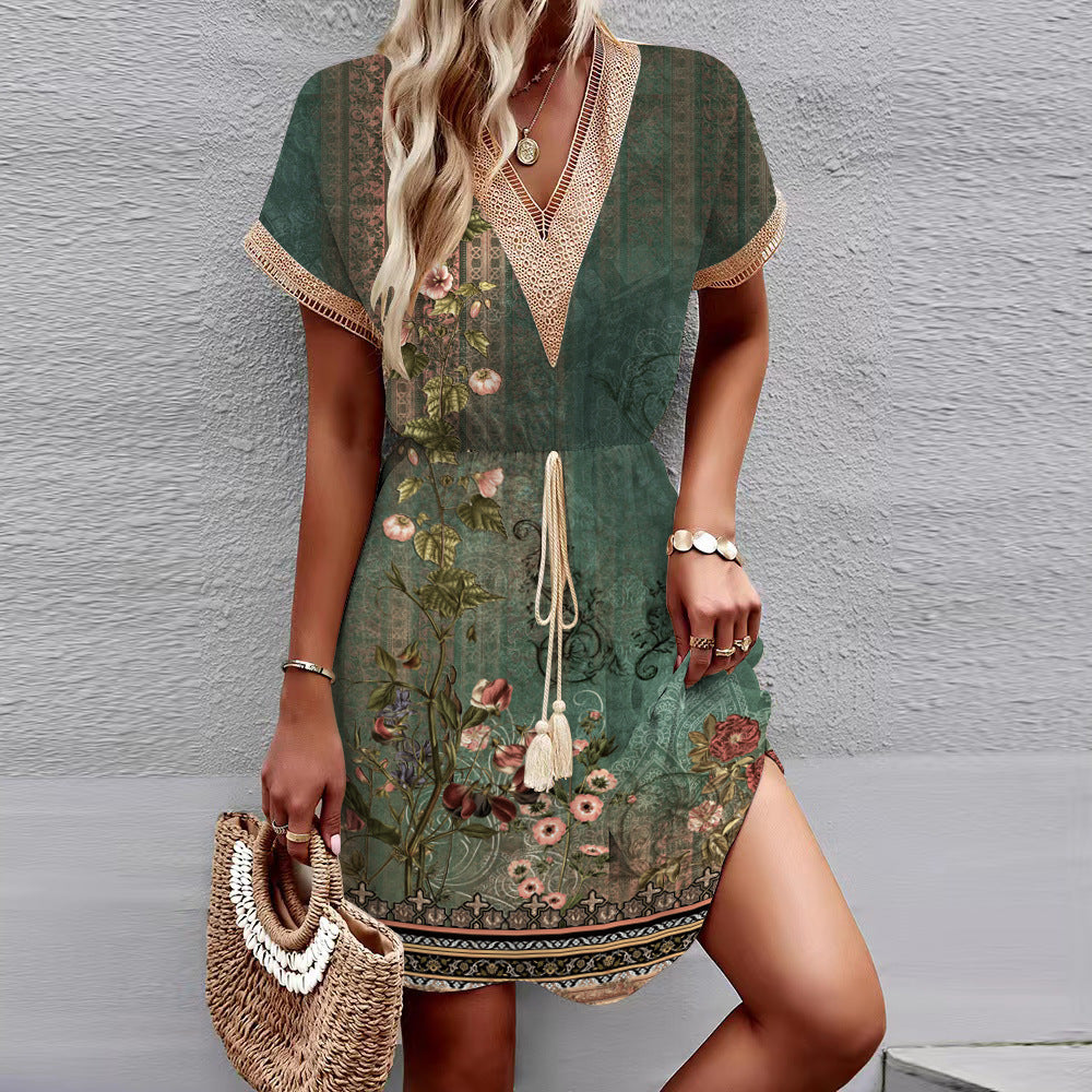 Printed Short Sleeve Lace V-neck Tight Waist Dress